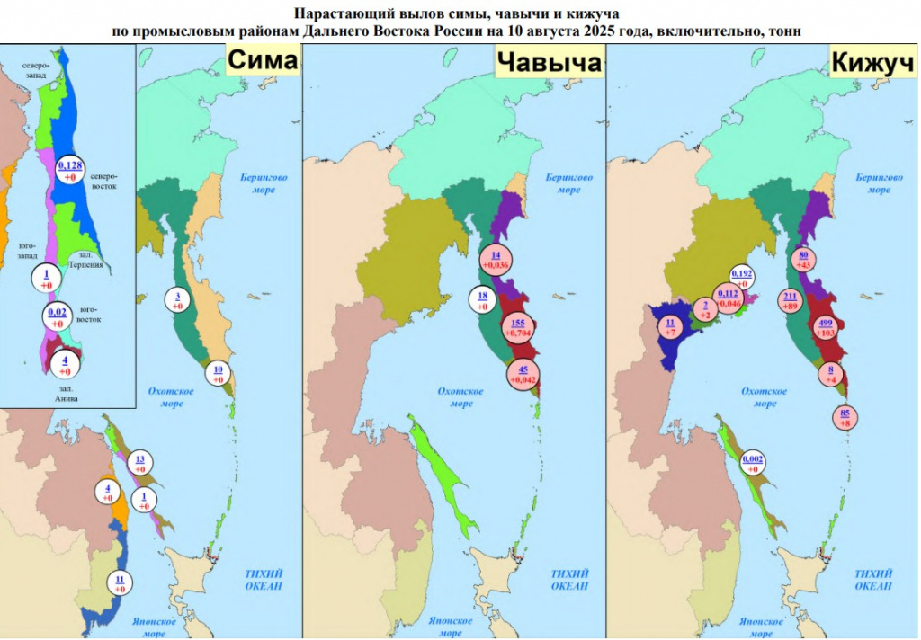 Вылов симы, чавычи и кижуча на 10 августа 2025