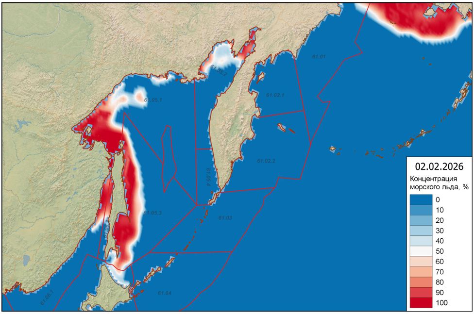  Концентрация морского льда (%) в акватории Дальневосточного рыбохозяйственного бассейна